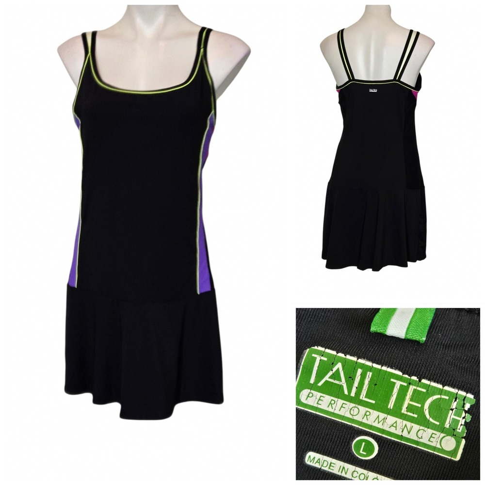 Vtg Tail Tech Performance Tennis Dress Black Pink Neon multi-color Pleated L